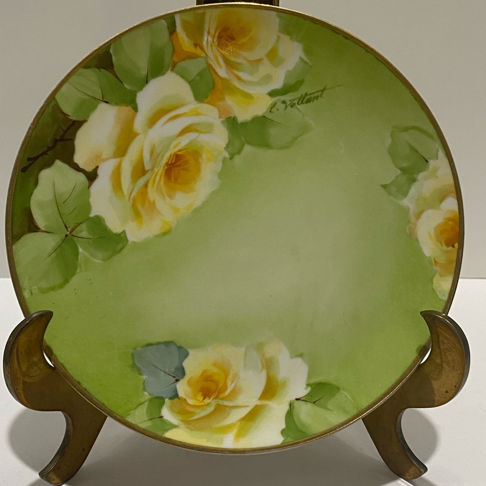 Handpainted Victoria Austria Plate Green Yellow Roses 1918 Signed C. Vollant 8"
